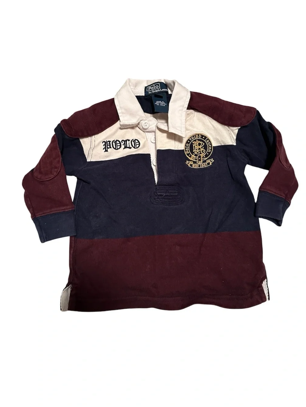 Ralph Lauren Boys Burgundy,Navy, and Cream Rugby Polo- Size 12M